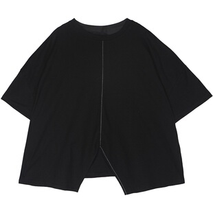 隐觅山本风暗黑系短袖开叉t恤女夏个性小众设计不规则宽松上衣潮
