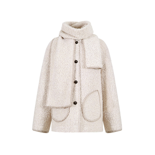 范洛Fano 糯感杂米色圈圈呢撞色E字贝可拆卸围巾毛呢外套两件套女