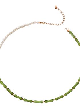 新中式国风绿色树脂石竹节珍珠项链轻奢小众高级感天然石串珠手链
