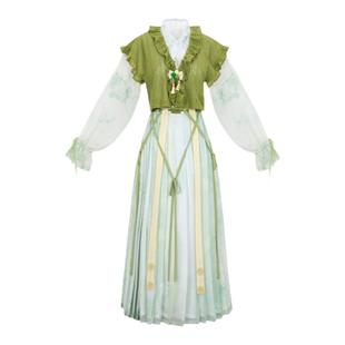 花朝记｜春风绿｜汉服元素针织唐背子浅交领衫一片式褶裙少女可爱