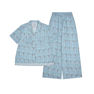 Ullala韩版纯棉复古碎花短袖长裤衬衫领睡衣女夏季薄款家居服分码