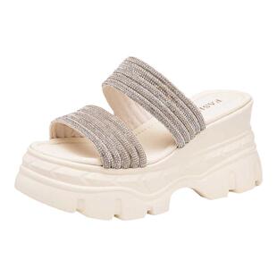 坡跟拖鞋女款外穿2024新款时尚水钻厚底松糕鞋夏天凉鞋增高凉拖鞋