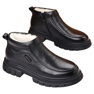 奥康 男鞋冬季加绒保暖羊毛真皮高帮男士棉皮鞋中老年休闲雪地靴H