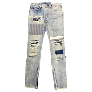 Mnml FOG风格拼布破洞蓝色侧拉链修身小脚无弹性牛仔裤男新品现货