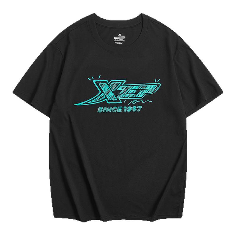 特步短袖男夏季男装国潮情侣装T恤纯棉半袖打底上衣运动体恤黑色