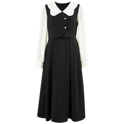 撞色雪纺连衣裙吸睛假两件设计