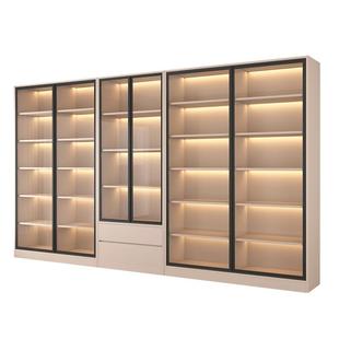 书柜带玻璃门一体整墙到顶定制实木书架家用客厅推拉门轻奢展示柜