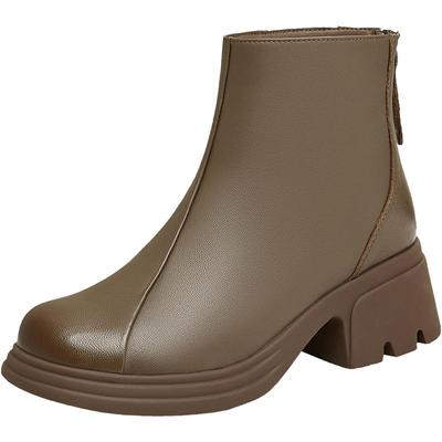 他她奶皮靴法式粗跟弹