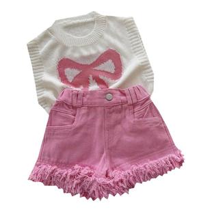 女童夏季套装2025新款儿童夏装针织短袖女孩牛仔短裤女宝宝两件套