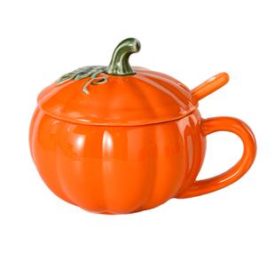 新款南瓜杯子万圣节礼物陶瓷马克杯带盖带勺子儿童早餐杯家用可爱