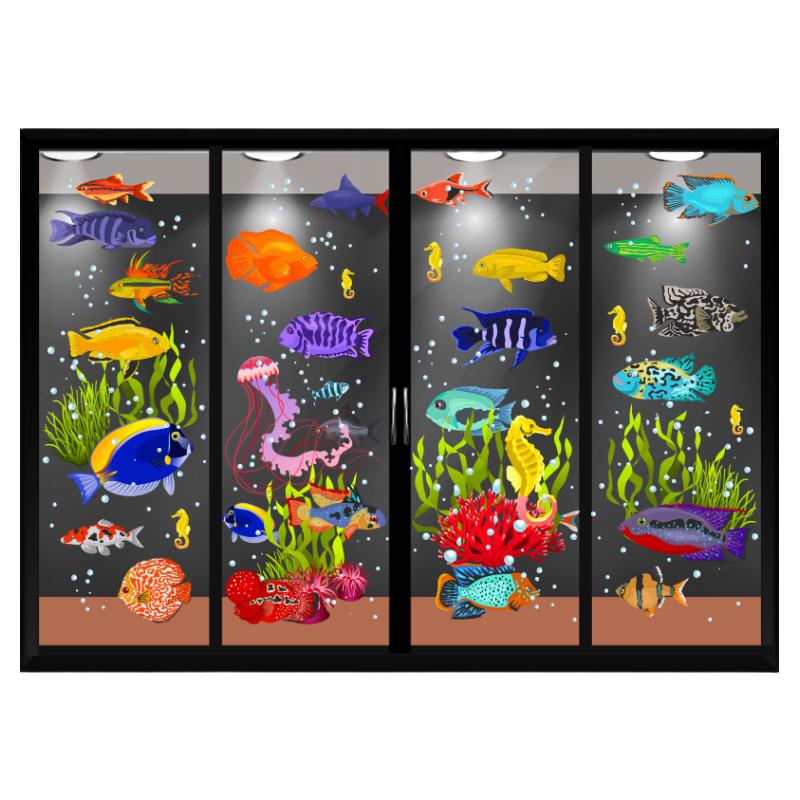 水族馆玻璃贴创意超大双面彩色透明无胶贴膜海洋主题展厅夏天布置