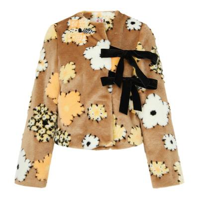 【折扣】SHRIMPS 女秋冬系带细节提花人造皮草外套