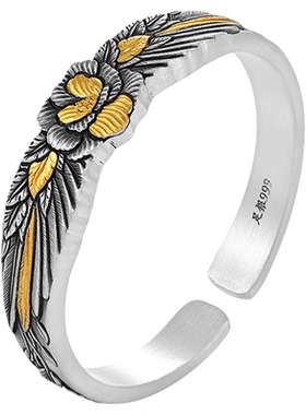 银千造 飞花似梦足银999非遗传承银镶金银手镯开口实心手工银镯子