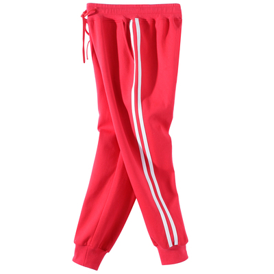 红色加绒校服裤子红色两条三条杠初中高中小学生白细条加厚校裤