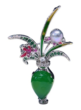 轻奢金银双色珐琅彩花瓶胸针配件