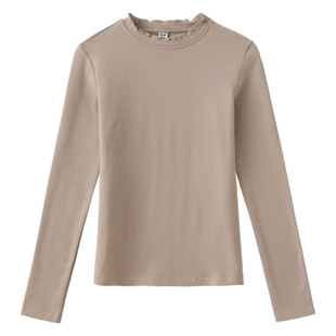 纯棉木耳边半高领打底衫女秋冬新款磨毛加厚保暖长袖t恤洋气上衣