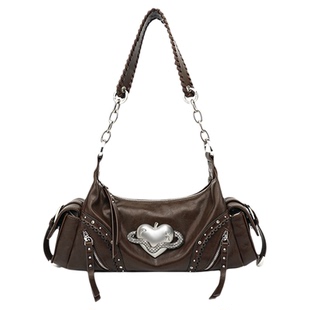 VFVF棕色腋下包原创小众设计机车镶钻法棍斜挎单肩女包包hobo包