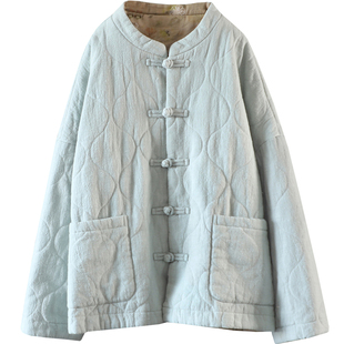 宽松慵懒立领盘扣夹棉保暖亚麻外套开衫冬复古国风中式棉衣棉服女