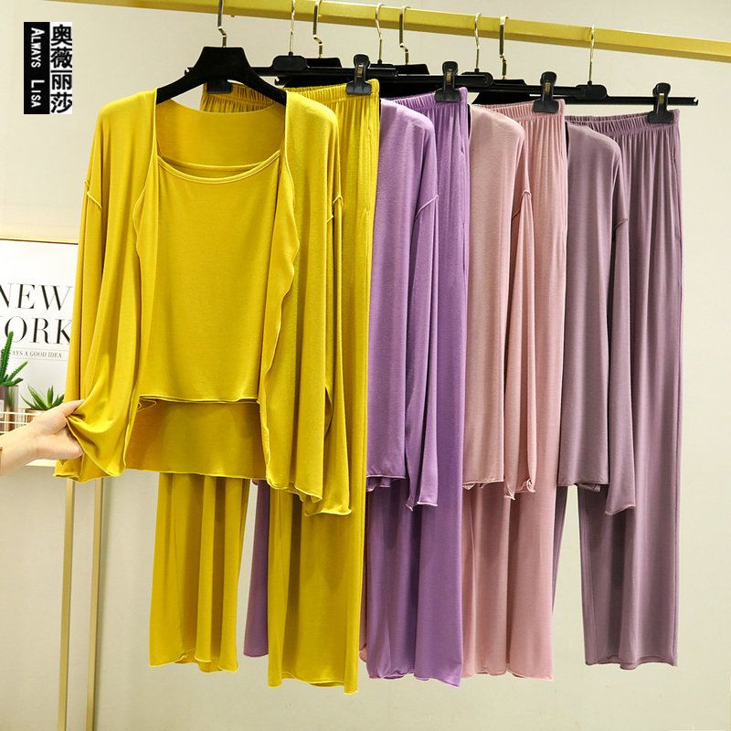 春夏季网红睡衣女三件套莫代尔长袖长裤家居服外穿休闲可外穿套装
