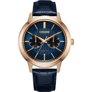 西铁城官方正品商务宝蓝色镀金色日期显示皮带光动能手表男BU4033