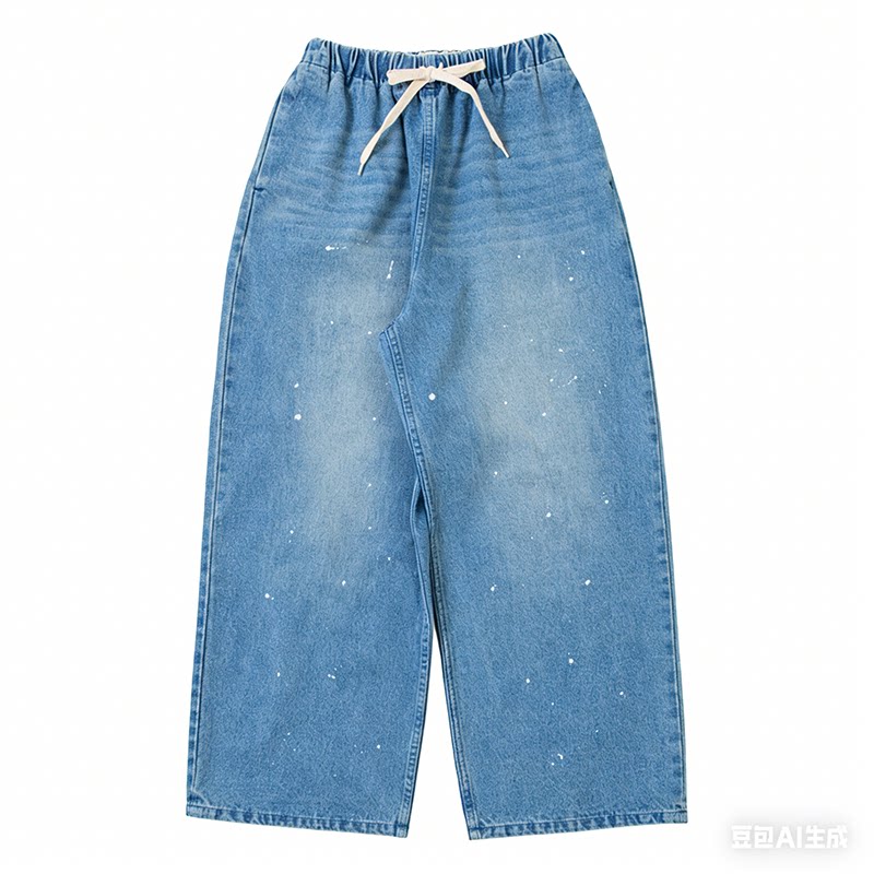 初原家日系宽松版女款牛仔阔腿裤松紧腰爆款四季百搭freaksstore