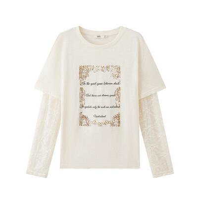 三福T恤女2026新款夏季设计感袖子中拼接蕾丝复古上衣女装520127