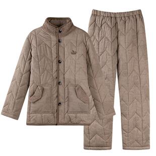 睡衣男士冬季珊瑚绒三层加厚加绒羽绒布夹棉秋冬款超厚棉袄家居服