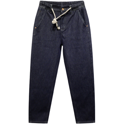 松紧腰系带深蓝色牛仔裤男秋冬