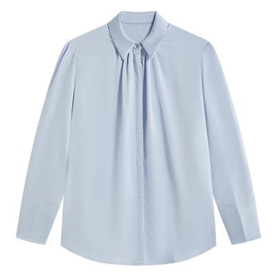 达佳诗蓝色设计感褶皱长袖衬衫