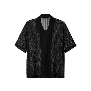 芸蚁〔南洋客〕桃花菱形纹理镂空针织异料拼接短袖衬衫