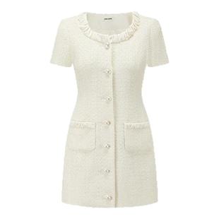 SHRO ENRO 春季女士金属流光缎面抽褶拼接粗花呢连衣裙银泰301469