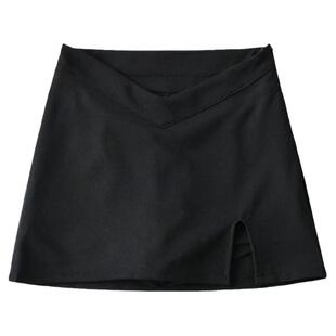 liviahome 设计感V型腰裙裤欧美高腰显腿长侧开叉半身裙包臀短裙