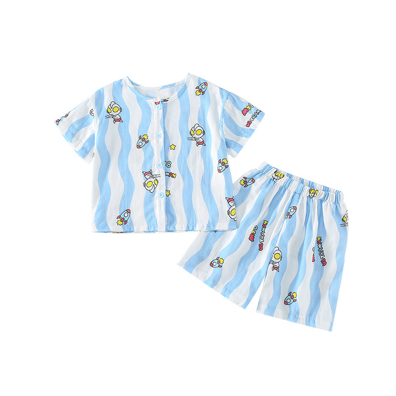 男童夏季纯棉纱布卡通家居服套装