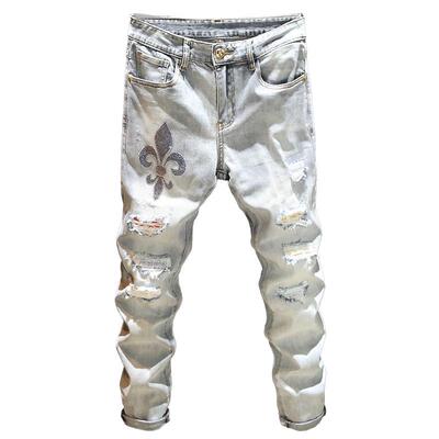 潮牌印花补丁贴布乞丐夏季牛仔裤