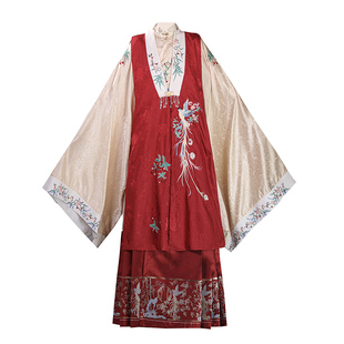 原创明制汉服女古装日常刺绣比甲立领长衫中国风马面裙套装春季款