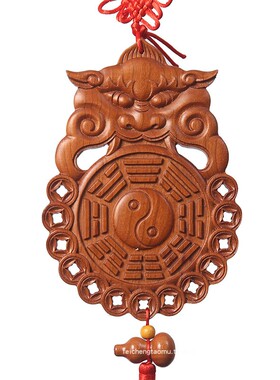 桃木虎头八卦镜木雕中式摆件挂件客厅大门卧室卫生间兽头八卦