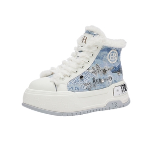 HR赫莲娜高帮鞋2026冬季新款女鞋子厚底牛仔加绒保暖休闲雪地靴潮