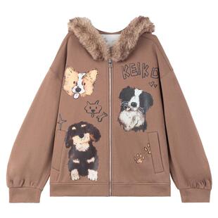 KEIKO 环保狐狸毛领连帽外套女2026新款美式小狗印花加绒加厚卫衣