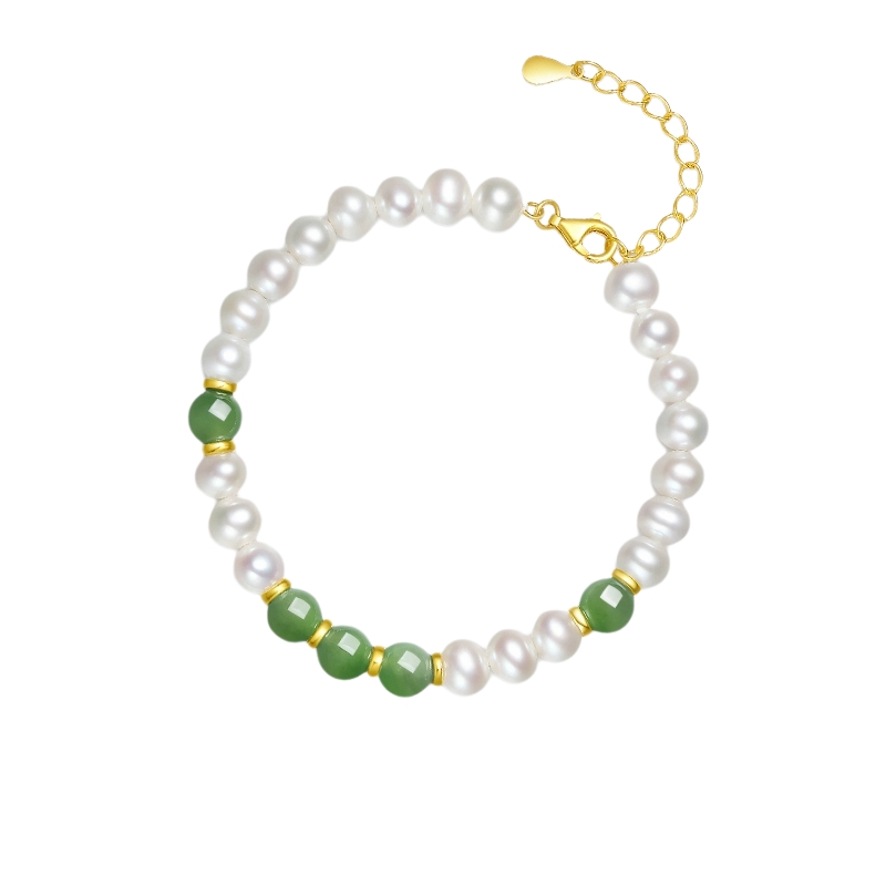 周六福淡水珍珠手链女S925银和田碧玉优雅节日礼物送女友