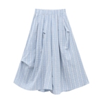 Basic House/百家好松紧腰蓝白格纹裙裤夏季新款宽松不规则阔腿裤