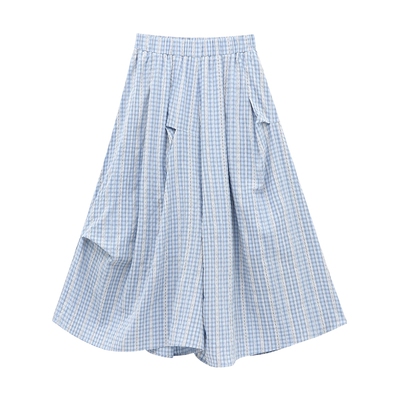 Basic House/百家好松紧腰蓝白格纹裙裤夏季新款宽松不规则阔腿裤