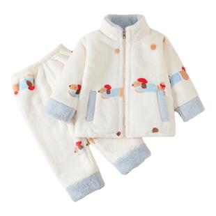 冬季儿童加厚法兰绒男童女童珊瑚加绒睡衣女孩宝宝家居服套装外穿