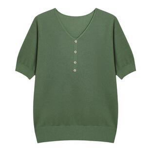 妈妈装夏季冰丝v领针织衫t恤女新款宽松大码桑蚕丝短袖薄款打底衫