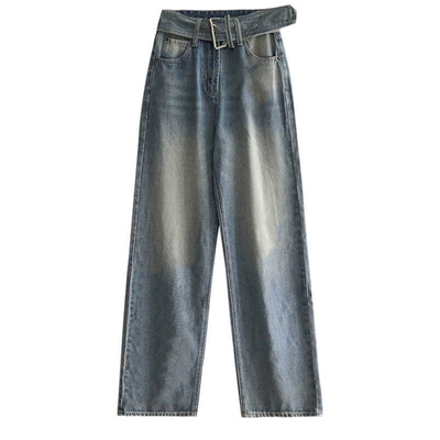 宽腰带设计低腰阔腿裤长裤