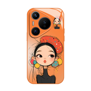 帽子女孩手机壳适用华为pura80玻璃mate70pro橙色nova14新款p60ins风13小众50高级感40超火12/30/11/15/9/8/7