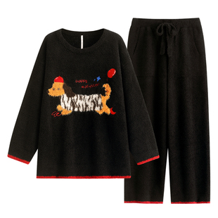 悦内半边绒睡衣女冬季秋冬款珊瑚绒加厚保暖家居服休闲圆领可外穿