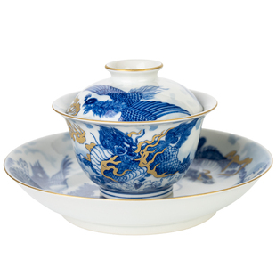 圣山仿古青花描金麒麟追凤陶瓷盖碗景德镇手工陶瓷茶具套组茶杯