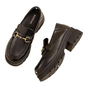 达芙妮黑色增高乐福鞋女加绒爆款厚底冬2025新款一脚蹬春秋小皮鞋