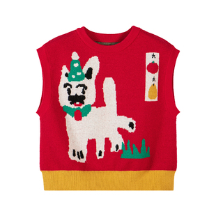 viciusss儿童马甲内穿冬保暖2025新款红色新年背心男女童针织毛衣