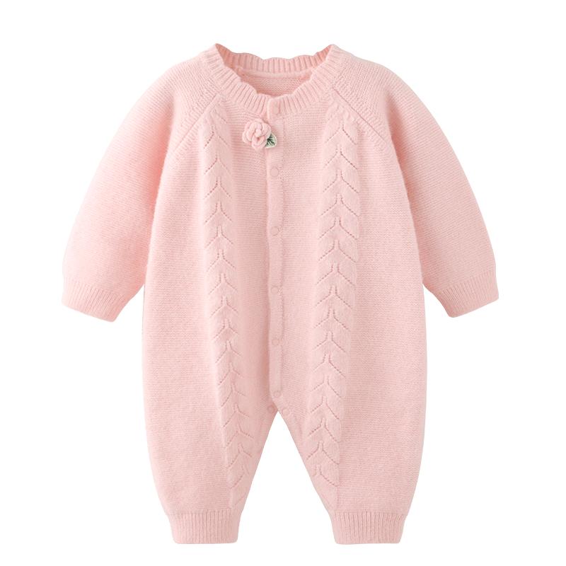 modomoma婴幼儿针织连体衣秋装女宝宝衣服北极绒棉线毛衣外出爬服